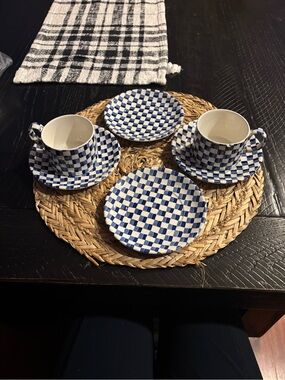Blue Check Ceramic Tea Cup & Saucer Set - 6-Piece